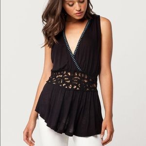 Free People Black Megan Lace Inset Peplum Top